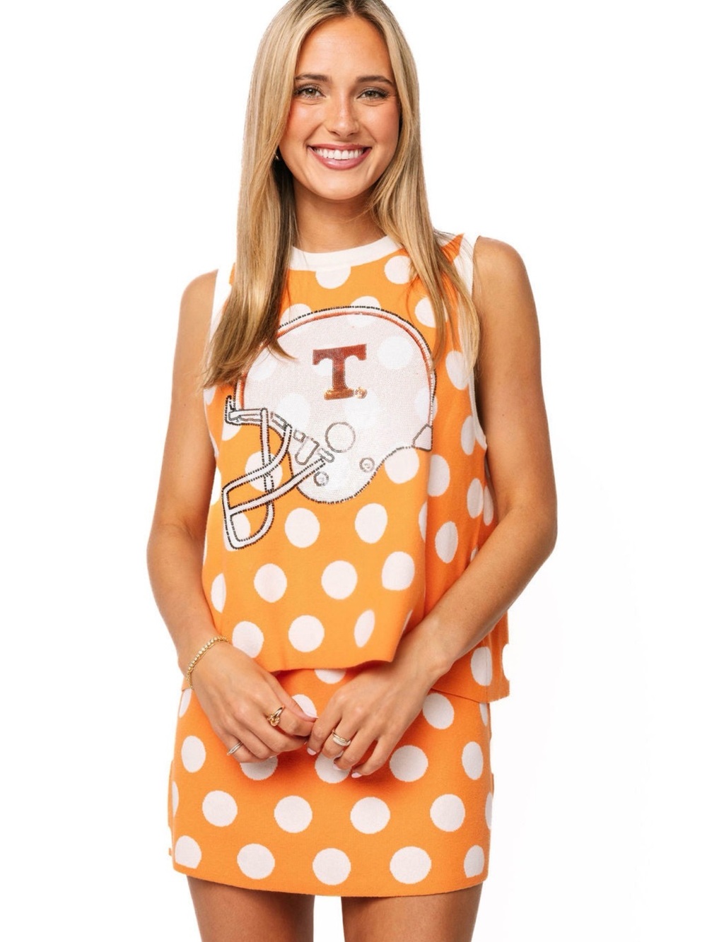 QUEEN OF SPARKLES Orange Polka Dot Football Graphic Tank